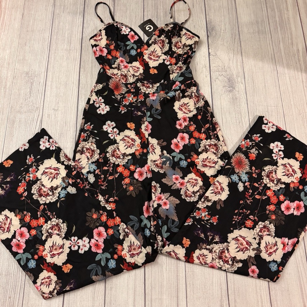 G by GUESS Lulu Wide Leg Jumpsuit Women Medium Black Floral Bustier NWT